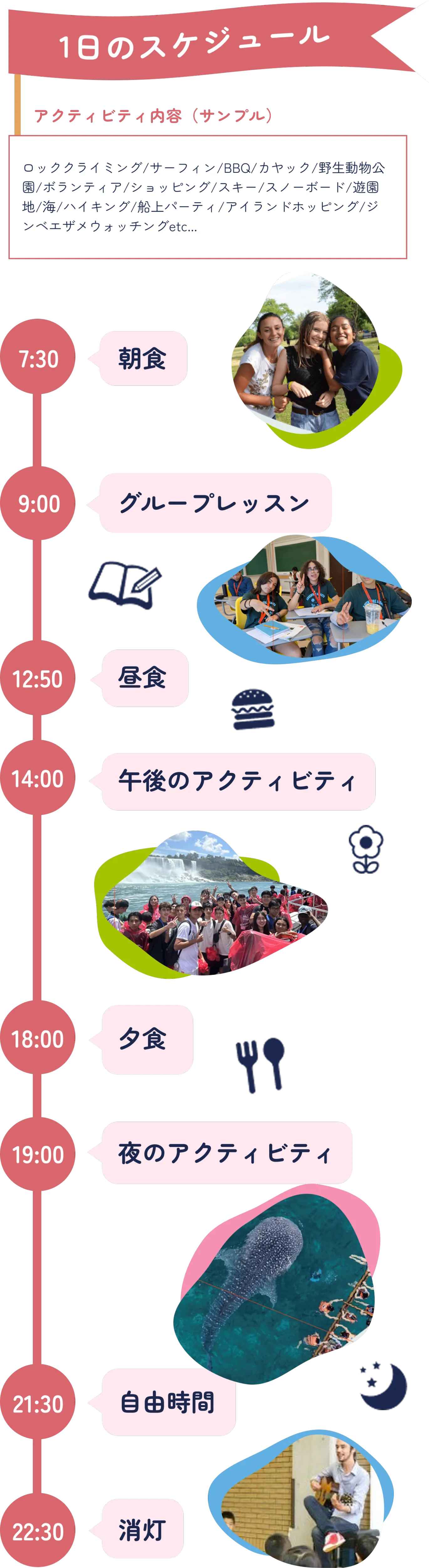 アクティビティ内容（サンプル）:ロッククライミング/サーフィン/BBQ/カヤック/野生動物公園/ボランティア/ショッピング/スキー/スノーボード/遊園地/海/ハイキング/船上パーティ/アイランドホッピング/ジンベエザメウォッチングetc... 1日のスケジュール 7:30朝食 9:00グループレッスン 12:50昼食 14:00午後のアクティビティ 18:00夕食 19:00夜のアクティビティ 20:30自由時間 21:30消灯